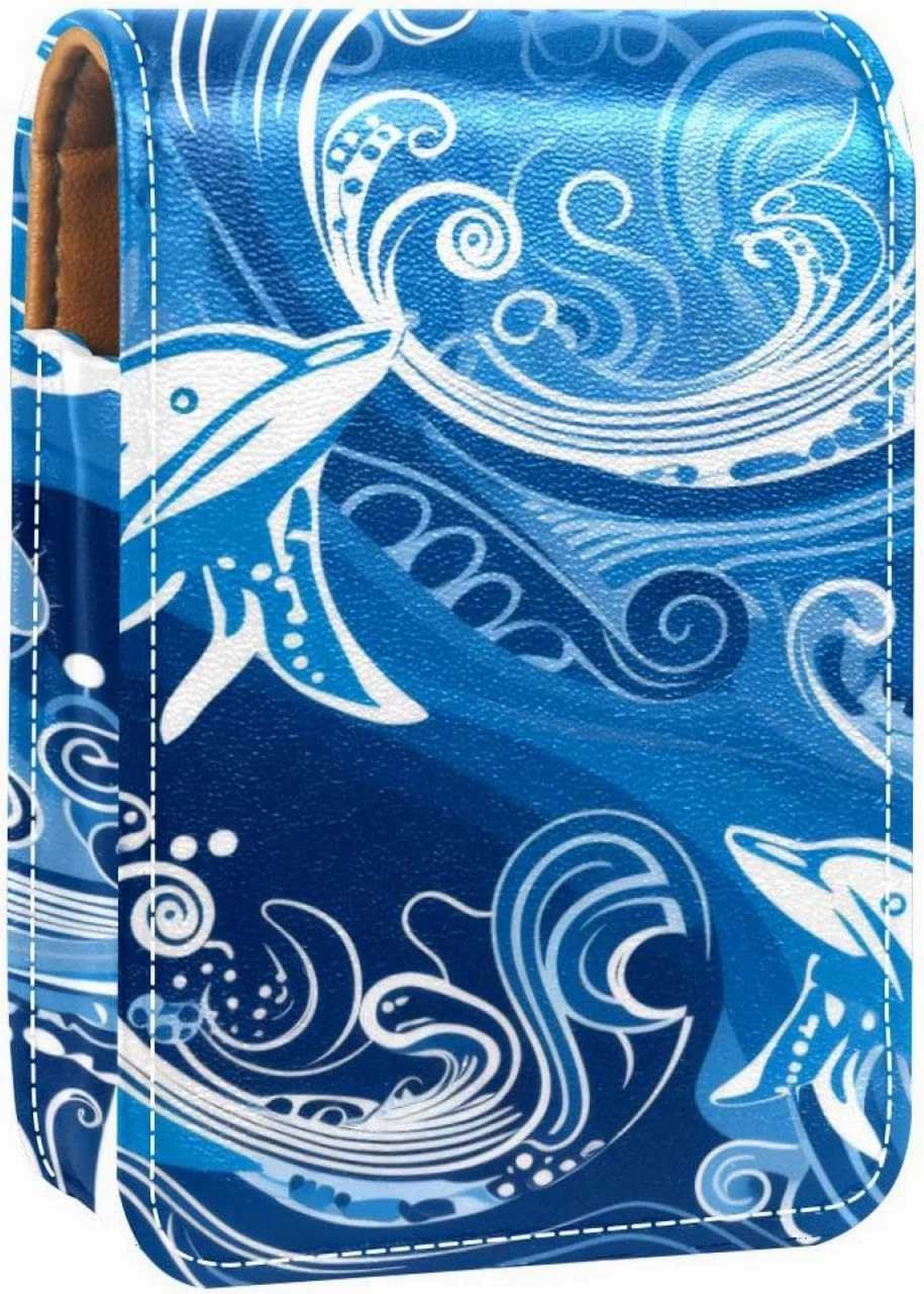 Lipstick Case,Leather Lip Gloss Lipstick Organizer with Mirror,Mini Lipstick Holder Bag,Abstract Waves and Ocean Whale