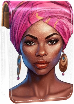Lipstick Case,Leather Lip Gloss Lipstick Organizer with Mirror,Mini Lipstick Holder Bag,African American Women Ethnic Girl