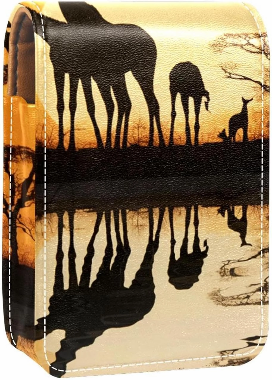 Lipstick Case,Leather Lip Gloss Lipstick Organizer with Mirror,Mini Lipstick Holder Bag,African Giraffe and Elephant