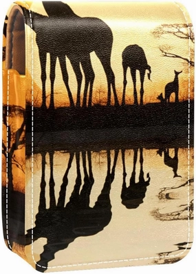 Lipstick Case,Leather Lip Gloss Lipstick Organizer with Mirror,Mini Lipstick Holder Bag,African Giraffe and Elephant