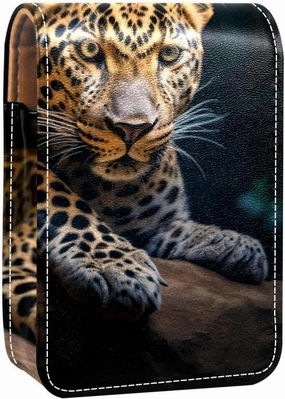 Lipstick Case,Leather Lip Gloss Lipstick Organizer with Mirror,Mini Lipstick Holder Bag,Animal Portrait Leopard
