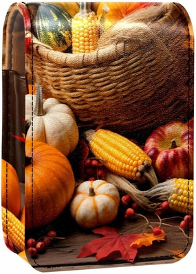 Lipstick Case,Leather Lip Gloss Lipstick Organizer with Mirror,Mini Lipstick Holder Bag,Autumn Pumpkin Fall Leaves