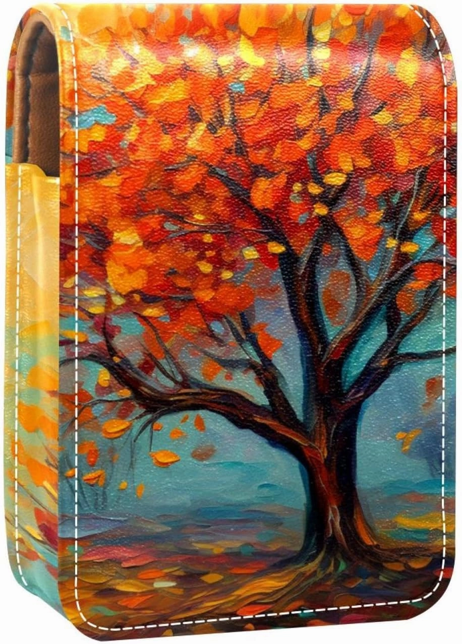 Lipstick Case,Leather Lip Gloss Lipstick Organizer with Mirror,Mini Lipstick Holder Bag,Autumn Tree Colorful Painting
