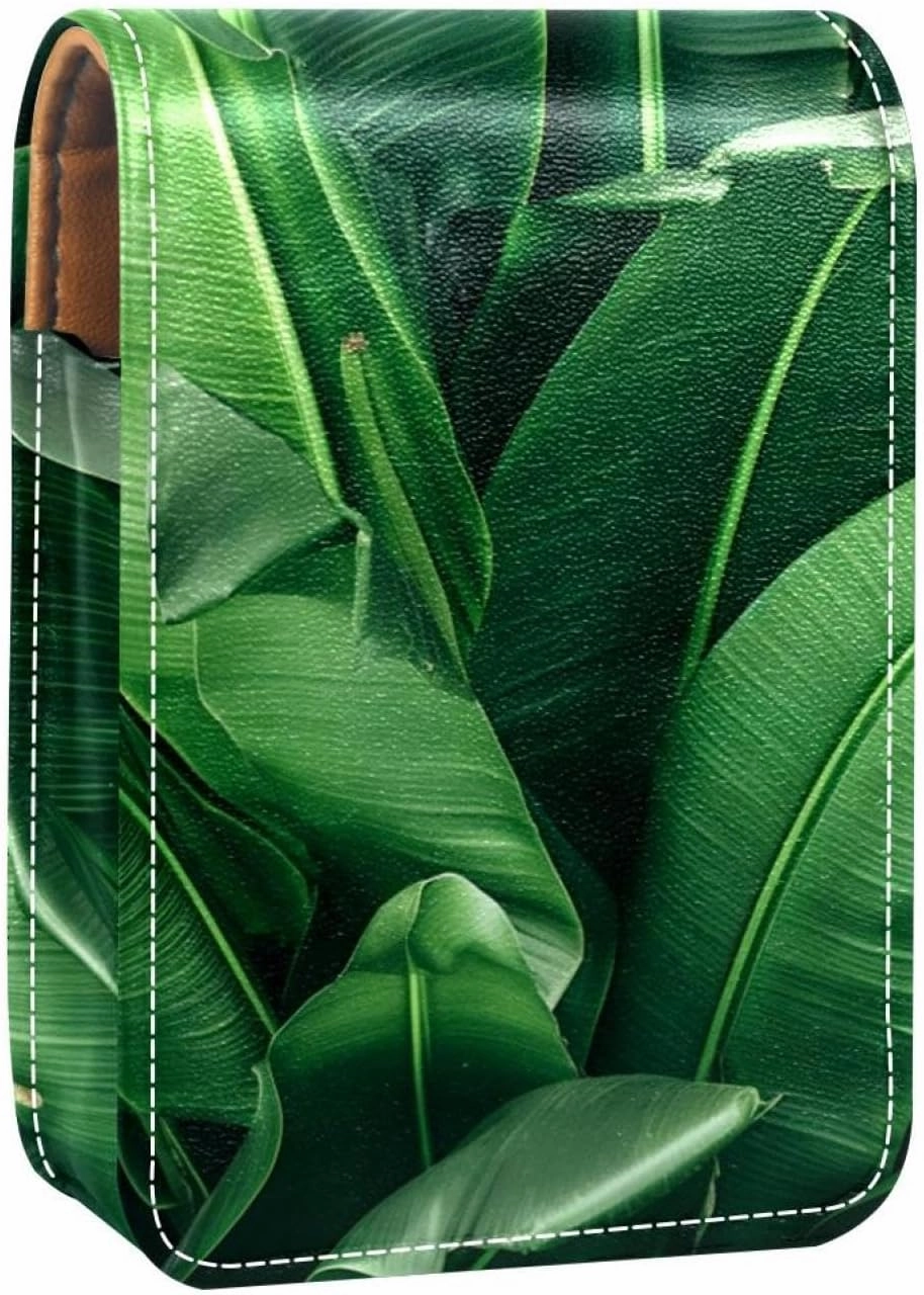 Lipstick Case,Leather Lip Gloss Lipstick Organizer with Mirror,Mini Lipstick Holder Bag,Banana Leaf Texture Palm Leaf