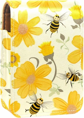 Lipstick Case,Leather Lip Gloss Lipstick Organizer with Mirror,Mini Lipstick Holder Bag,Bee and Sunflower