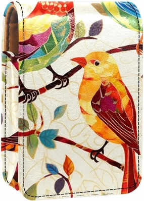 Lipstick Case,Leather Lip Gloss Lipstick Organizer with Mirror,Mini Lipstick Holder Bag,Bird Abstract Tree Flower