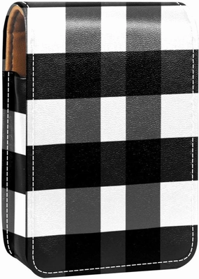 Lipstick Case,Leather Lip Gloss Lipstick Organizer with Mirror,Mini Lipstick Holder Bag,Black White Gery Plaid