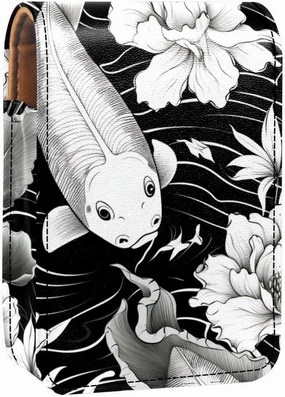 Lipstick Case,Leather Lip Gloss Lipstick Organizer with Mirror,Mini Lipstick Holder Bag,Black White Koi Fish with Lotus