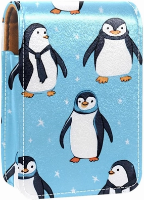 Lipstick Case,Leather Lip Gloss Lipstick Organizer with Mirror,Mini Lipstick Holder Bag,Blue Background Penguins