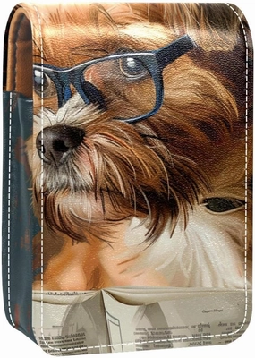 Lipstick Case,Leather Lip Gloss Lipstick Organizer with Mirror,Mini Lipstick Holder Bag,Brussels Griffon Dog Reading Book