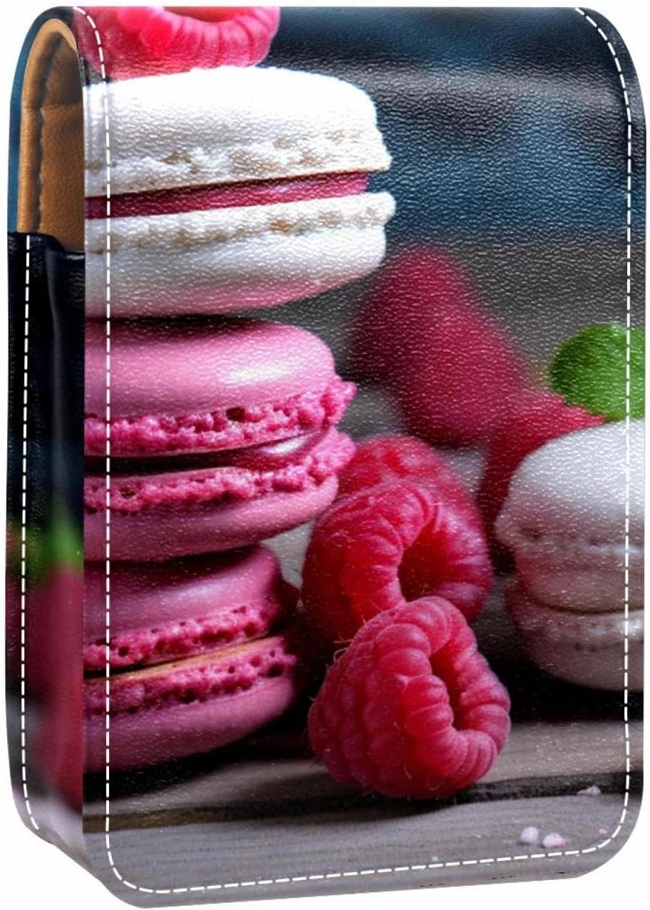 Lipstick Case,Leather Lip Gloss Lipstick Organizer with Mirror,Mini Lipstick Holder Bag,Cake Strawberry Dessert