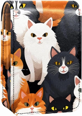 Lipstick Case,Leather Lip Gloss Lipstick Organizer with Mirror,Mini Lipstick Holder Bag,Cartoon Animal Cats
