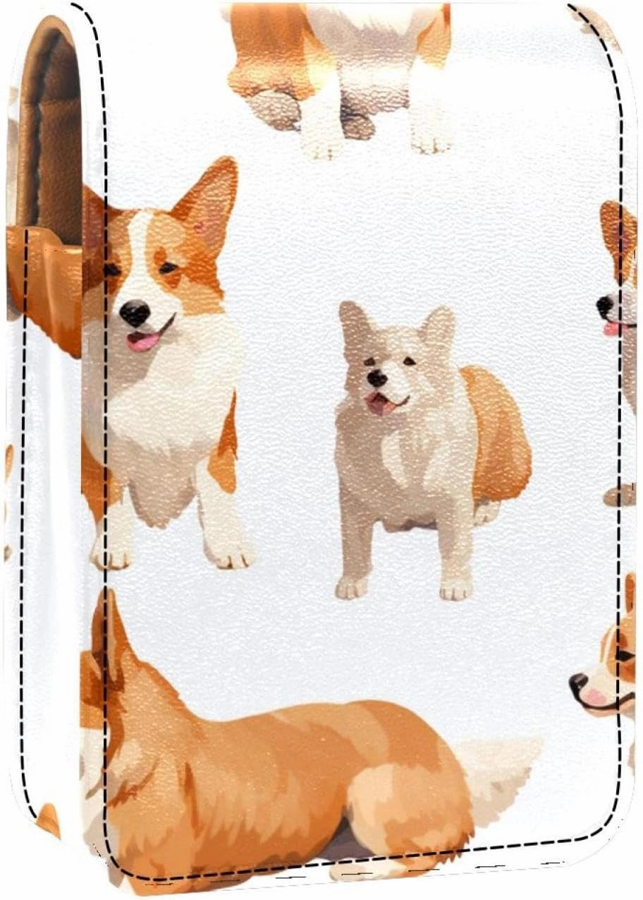 Lipstick Case,Leather Lip Gloss Lipstick Organizer with Mirror,Mini Lipstick Holder Bag,Cartoon Dog Funny