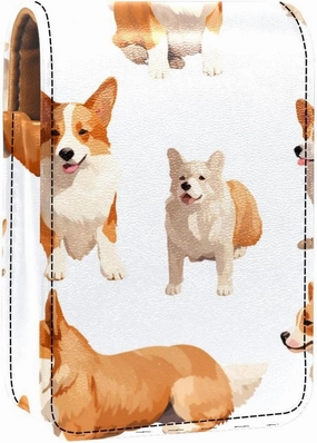 Lipstick Case,Leather Lip Gloss Lipstick Organizer with Mirror,Mini Lipstick Holder Bag,Cartoon Dog Funny