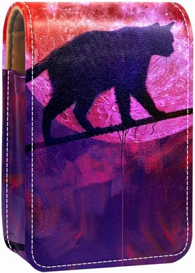Lipstick Case,Leather Lip Gloss Lipstick Organizer with Mirror,Mini Lipstick Holder Bag,Cat Raining Full Moon Night