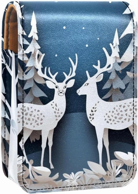 Lipstick Case,Leather Lip Gloss Lipstick Organizer with Mirror,Mini Lipstick Holder Bag,Christmas Deer Forest Snow Winter