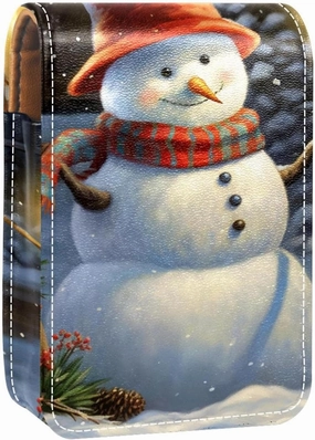 Lipstick Case,Leather Lip Gloss Lipstick Organizer with Mirror,Mini Lipstick Holder Bag,Christmas Tree Animal Snowman