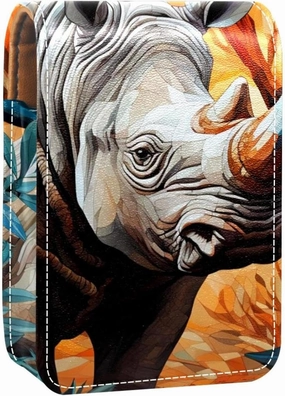 Lipstick Case,Leather Lip Gloss Lipstick Organizer with Mirror,Mini Lipstick Holder Bag,Classic Animal Rhino Illustration