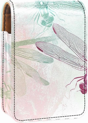 Lipstick Case,Leather Lip Gloss Lipstick Organizer with Mirror,Mini Lipstick Holder Bag,Colorful Dragonfly Butterfly