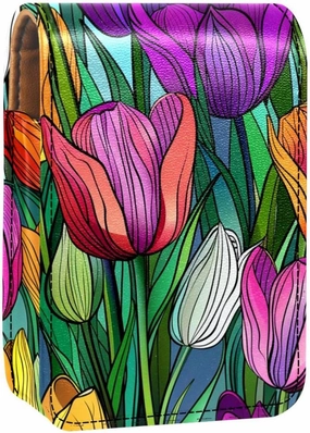 Lipstick Case,Leather Lip Gloss Lipstick Organizer with Mirror,Mini Lipstick Holder Bag,Colorful Flower Abstract Style
