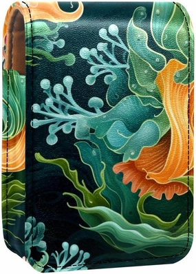 Lipstick Case,Leather Lip Gloss Lipstick Organizer with Mirror,Mini Lipstick Holder Bag,Colorful Ocean Plant Art Pattern