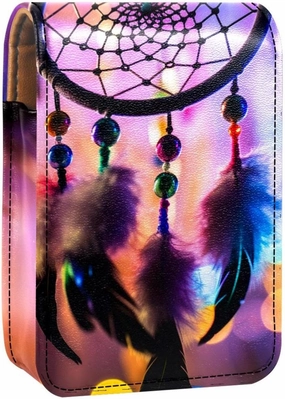 Lipstick Case,Leather Lip Gloss Lipstick Organizer with Mirror,Mini Lipstick Holder Bag,Dreamcatcher Light Rainbow