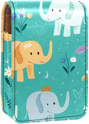 Lipstick Case,Leather Lip Gloss Lipstick Organizer with Mirror,Mini Lipstick Holder Bag,Elephant Green Background
