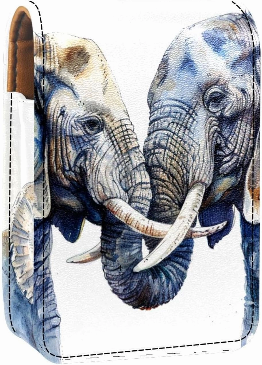 Lipstick Case,Leather Lip Gloss Lipstick Organizer with Mirror,Mini Lipstick Holder Bag,Elephant Love Mom