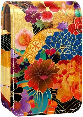 Lipstick Case,Leather Lip Gloss Lipstick Organizer with Mirror,Mini Lipstick Holder Bag,Ethnic Style Flowers