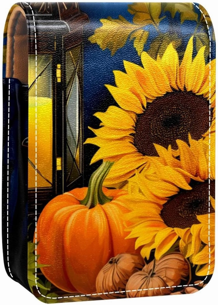 Lipstick Case,Leather Lip Gloss Lipstick Organizer with Mirror,Mini Lipstick Holder Bag,Fall Sunflower Pumpkinc Thanksgiving