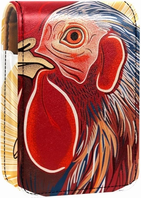 Lipstick Case,Leather Lip Gloss Lipstick Organizer with Mirror,Mini Lipstick Holder Bag,Farm Animal Rooster Painting