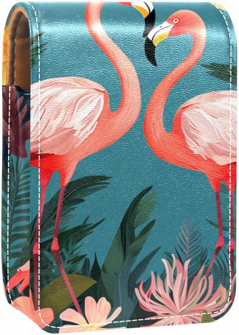 Lipstick Case,Leather Lip Gloss Lipstick Organizer with Mirror,Mini Lipstick Holder Bag,Floral Flamingos Jungle Moon