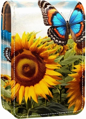 Lipstick Case,Leather Lip Gloss Lipstick Organizer with Mirror,Mini Lipstick Holder Bag,Flower Butterflies Field