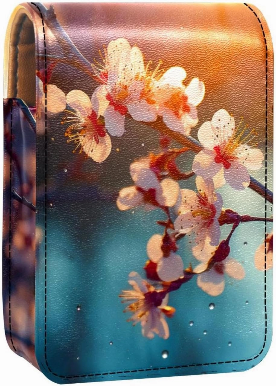Lipstick Case,Leather Lip Gloss Lipstick Organizer with Mirror,Mini Lipstick Holder Bag,Flower Tree Sunrise Landscape