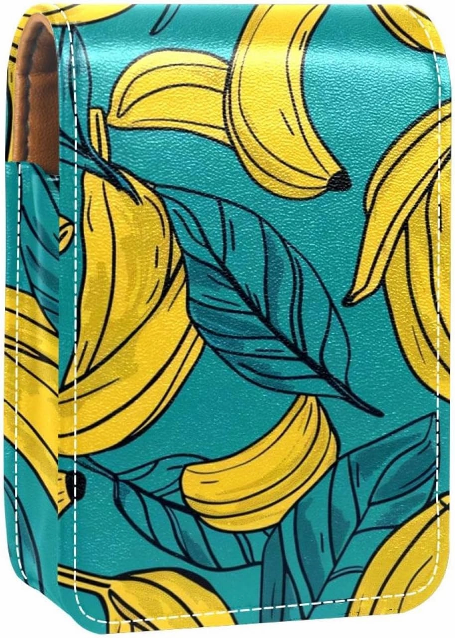 Lipstick Case,Leather Lip Gloss Lipstick Organizer with Mirror,Mini Lipstick Holder Bag,Fruit Banana