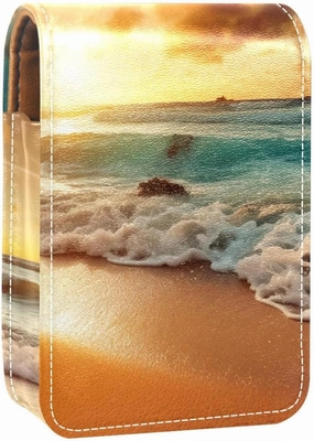 Lipstick Case,Leather Lip Gloss Lipstick Organizer with Mirror,Mini Lipstick Holder Bag,Sea Beach Sunset