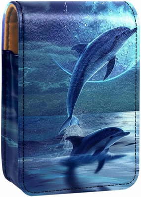 Lipstick Case,Leather Lip Gloss Lipstick Organizer with Mirror,Mini Lipstick Holder Bag,Sea Sky Space Dolphin