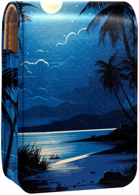 Lipstick Case,Leather Lip Gloss Lipstick Organizer with Mirror,Mini Lipstick Holder Bag,Tropical Beach at Night Pattern