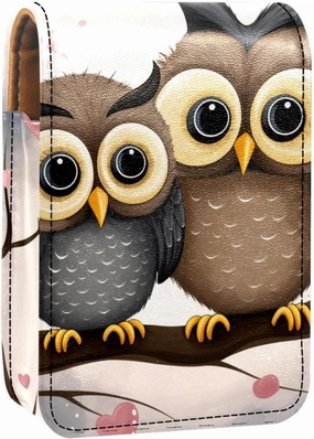 Lipstick Case,Leather Lip Gloss Lipstick Organizer with Mirror,Mini Lipstick Holder Bag,Two Owls Heart Cartoon