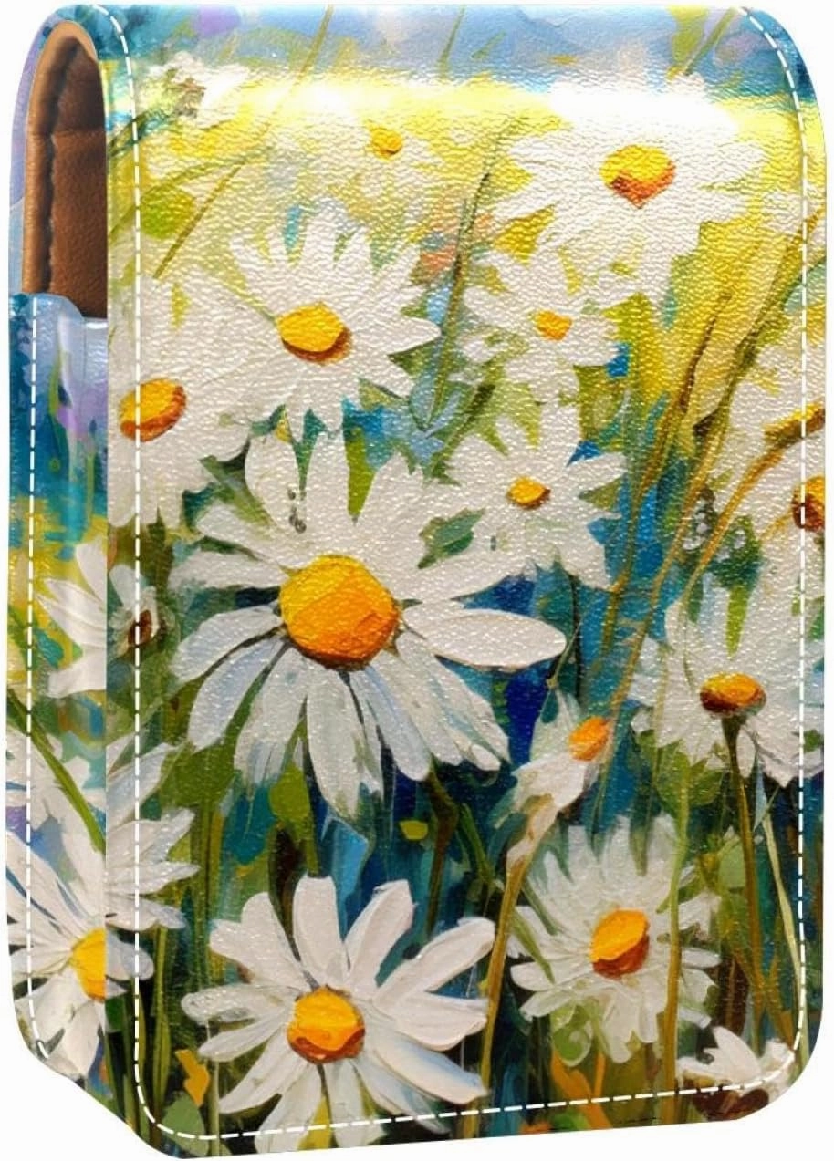 Lipstick Case,Leather Lip Gloss Lipstick Organizer with Mirror,Mini Lipstick Holder Bag,White Daisies Flowers Field