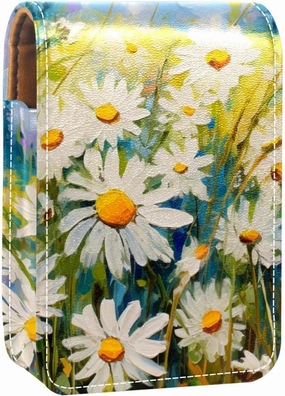 Lipstick Case,Leather Lip Gloss Lipstick Organizer with Mirror,Mini Lipstick Holder Bag,White Daisies Flowers Field