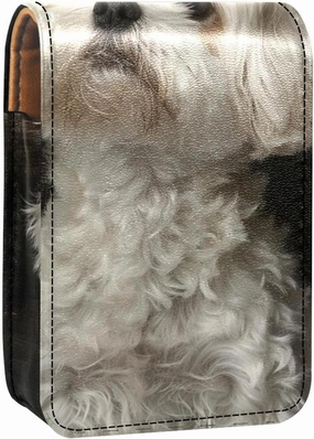 Lipstick Case,Leather Lip Gloss Lipstick Organizer with Mirror,Mini Lipstick Holder Bag,White Dog Cute Bichon Frise