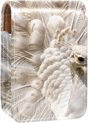 Lipstick Case,Leather Lip Gloss Lipstick Organizer with Mirror,Mini Lipstick Holder Bag,White Peacock