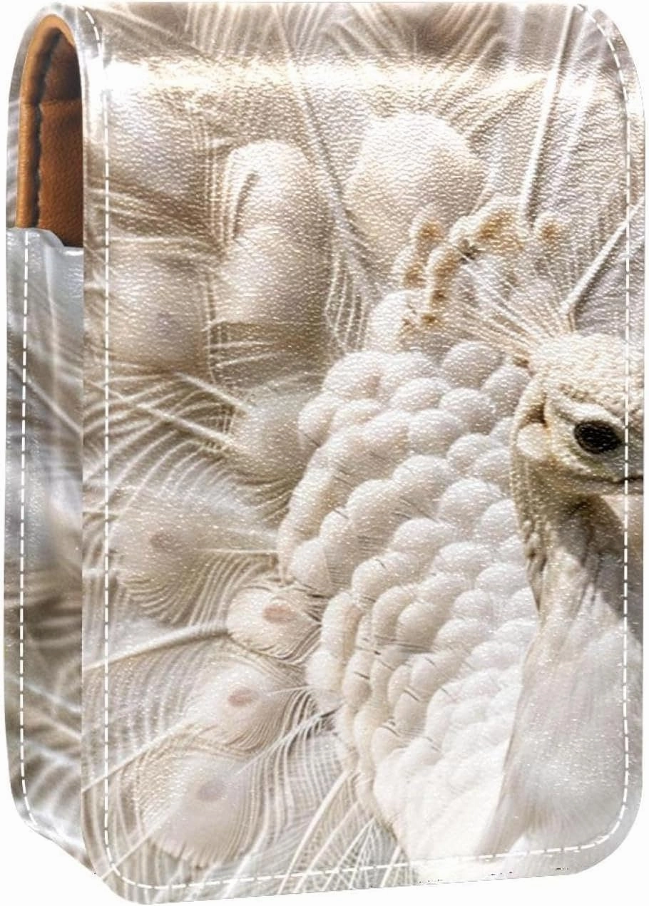 Lipstick Case,Leather Lip Gloss Lipstick Organizer with Mirror,Mini Lipstick Holder Bag,White Peacock