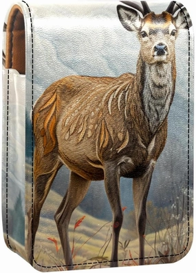 Lipstick Case,Leather Lip Gloss Lipstick Organizer with Mirror,Mini Lipstick Holder Bag,Wild Animal Deer
