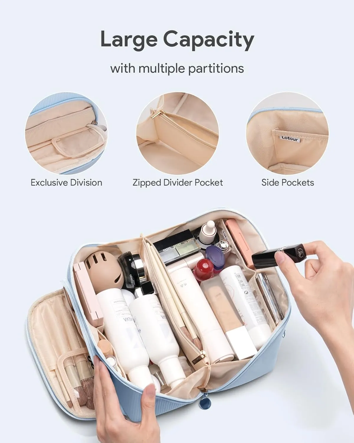 Lotour Makeup Bag Organizer Travel Cosmetic Bag, Large Capacity Skincare Bag for Women Girls, Portable Pouch Open Flat Toiletry Bag for Travel Essentials Toiletries Accessories