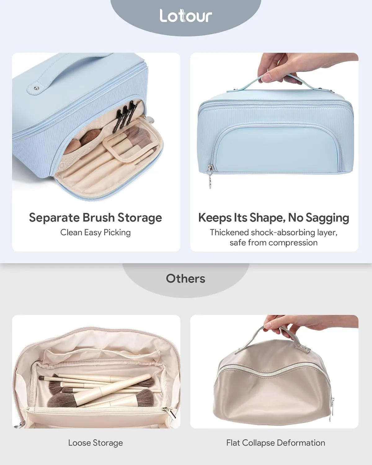 Lotour Makeup Bag Organizer Travel Cosmetic Bag, Large Capacity Skincare Bag for Women Girls, Portable Pouch Open Flat Toiletry Bag for Travel Essentials Toiletries Accessories