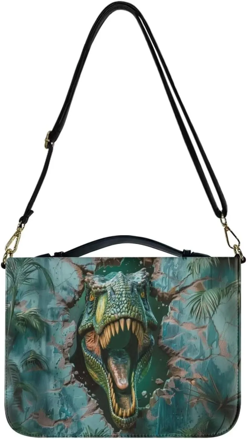 Lotusorchid 3D Dinosaur Bible Tote Bag for Men Boys, PU Leather Bible Case with Detachable Shoulder Strap, Bible Book Cover for Christian Gift, Green, Size M