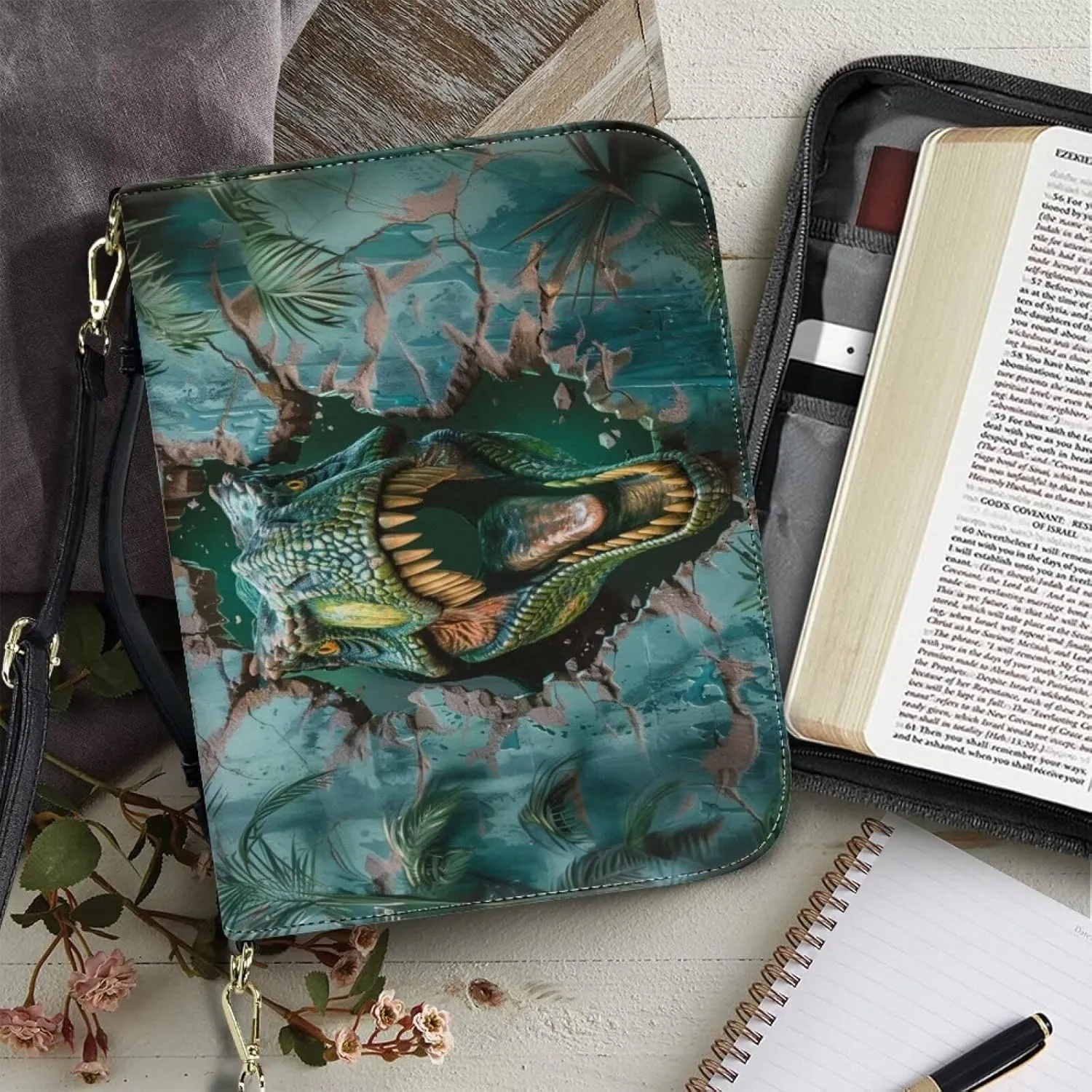 Lotusorchid 3D Dinosaur Bible Tote Bag for Men Boys, PU Leather Bible Case with Detachable Shoulder Strap, Bible Book Cover for Christian Gift, Green, Size M