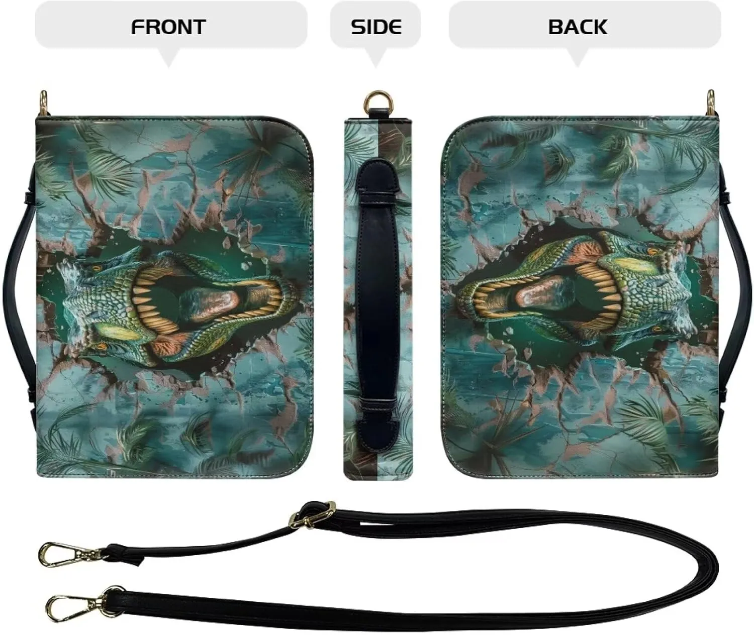 Lotusorchid 3D Dinosaur Bible Tote Bag for Men Boys, PU Leather Bible Case with Detachable Shoulder Strap, Bible Book Cover for Christian Gift, Green, Size M